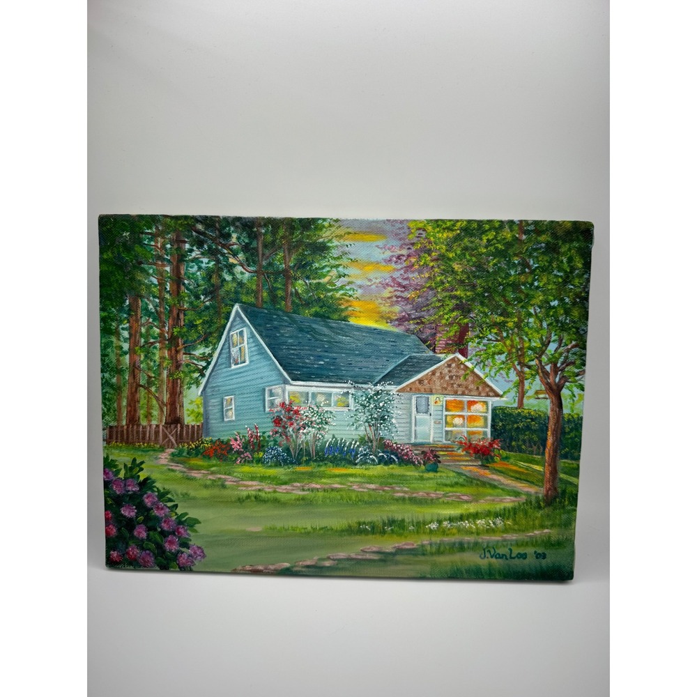 J. Van Loo Original Oil Painting Blue Cottage Landscape Garden 2003 Canvas 9x12